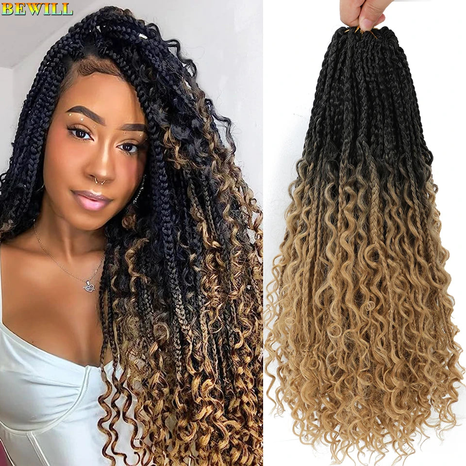 18" Long Boho Braids Extensions Goddess Box Braids Crochet Hair Black Purple Pink Synthetic Braiding Hair Bohemian Hippie Braids