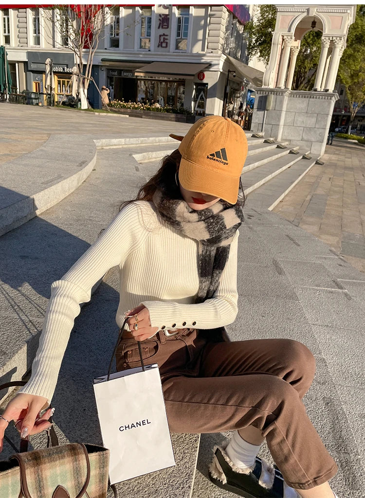 Suéter de otoño invierno para mujer, jerséis, tops de manga larga, ropa, suéter suave de punto delgado, ropa de calle, suéter de cuello alto con botones