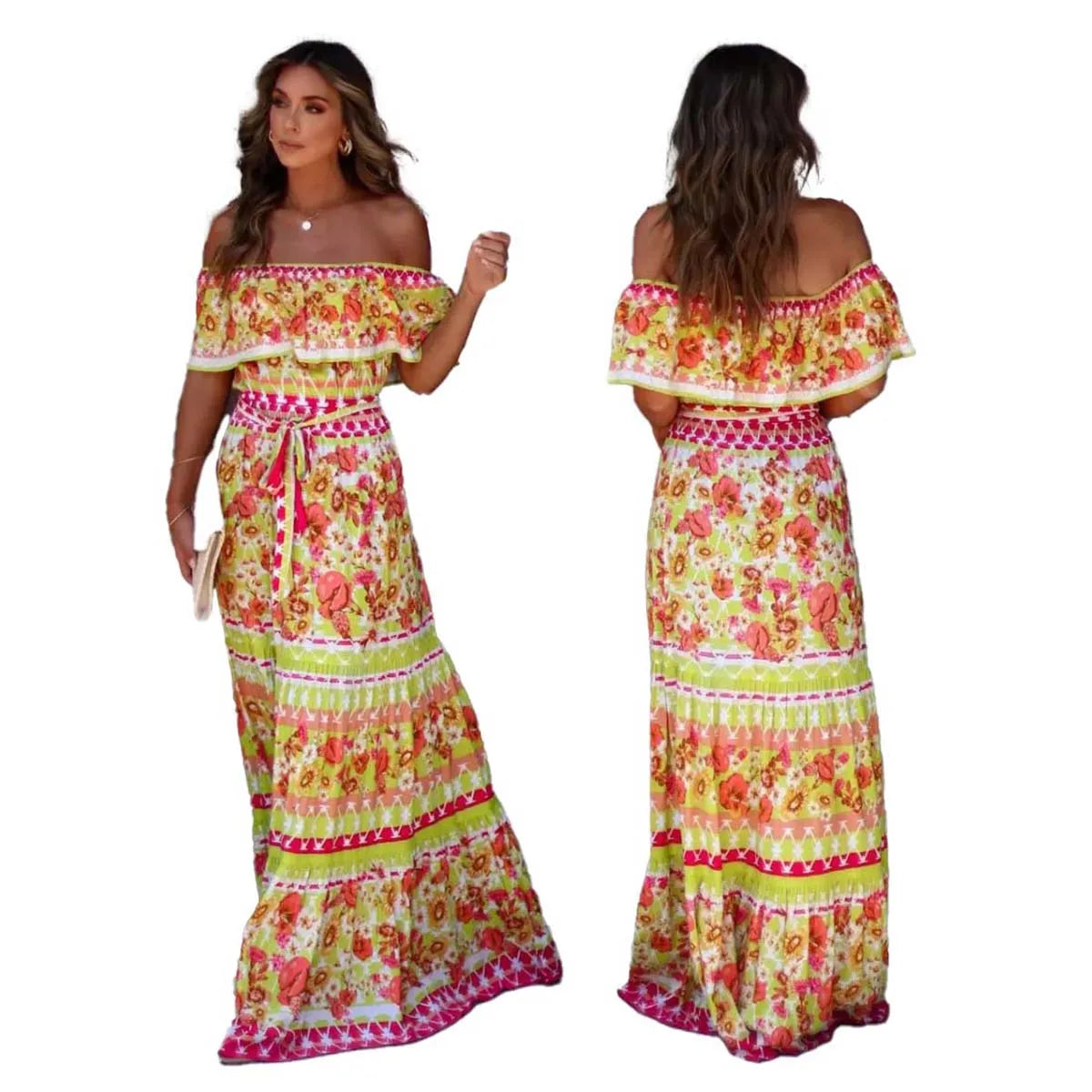 Vestido mexicano tradicional étnico mexicano del Cinco de Mayo con estampado floral de verano y hombros descubiertos para mujer