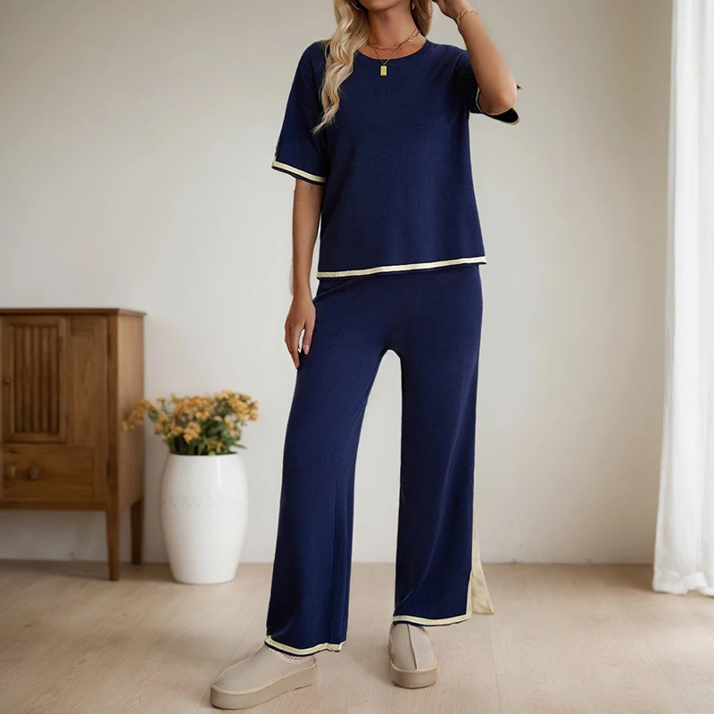 Conjunto de dos piezas de ropa de mujer, moda primavera verano, informal, cuello redondo, blusa de manga corta, pantalones de pierna ancha a juego