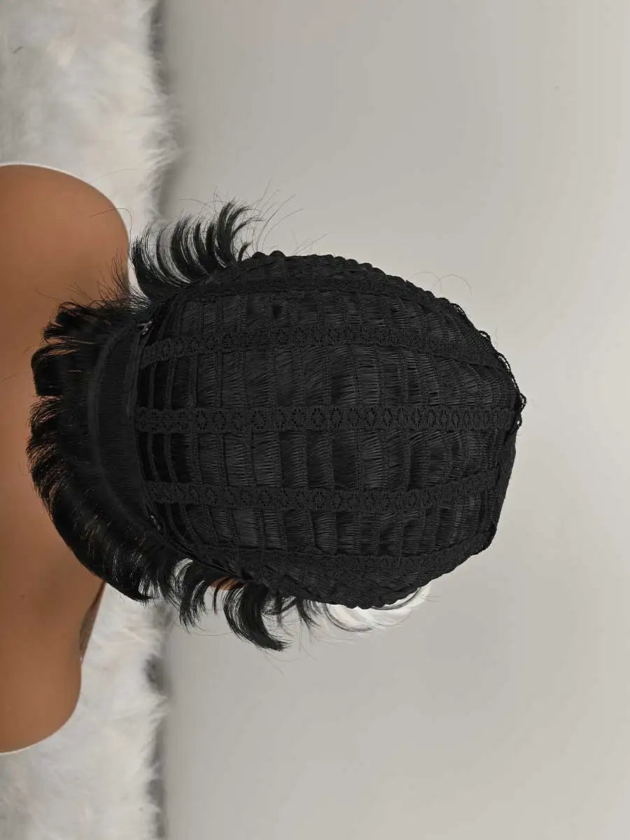 Peluca corta Bob para corte Pixie, pelucas sintéticas sin pegamento, peluca sin encaje frontal con flequillo, liso negro natural, hecha a máquina completa, corta en capas para uso diario.