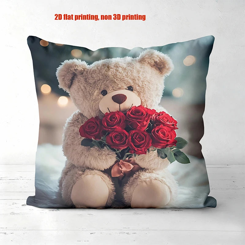 Teddybjørn Rose Hjerte Puter 2D Flat Print Polyester Putetrekk, Sofa Dekorativ Putetrekk Hodegavl Pute