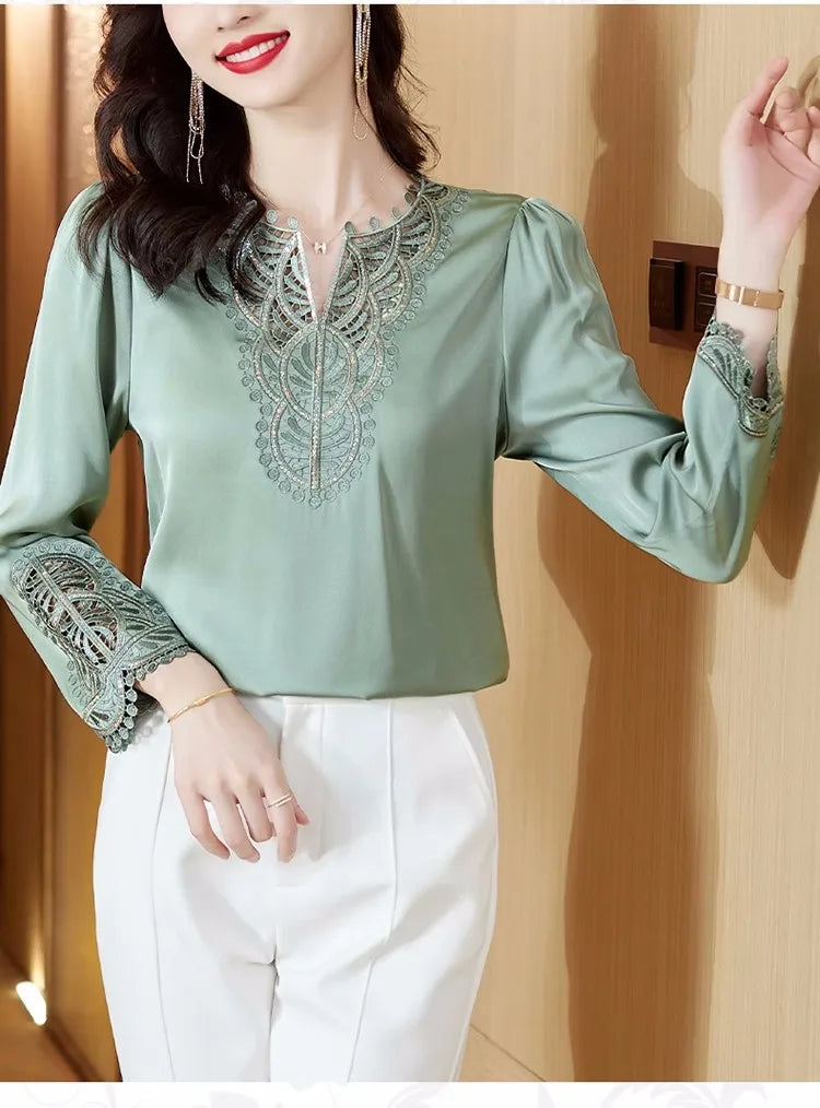 Moda Mujer Blusas de Seda Primavera Otoño Camisas de Manga Larga Bordadas Elegantes Tops de Diseño Retro para Oficina