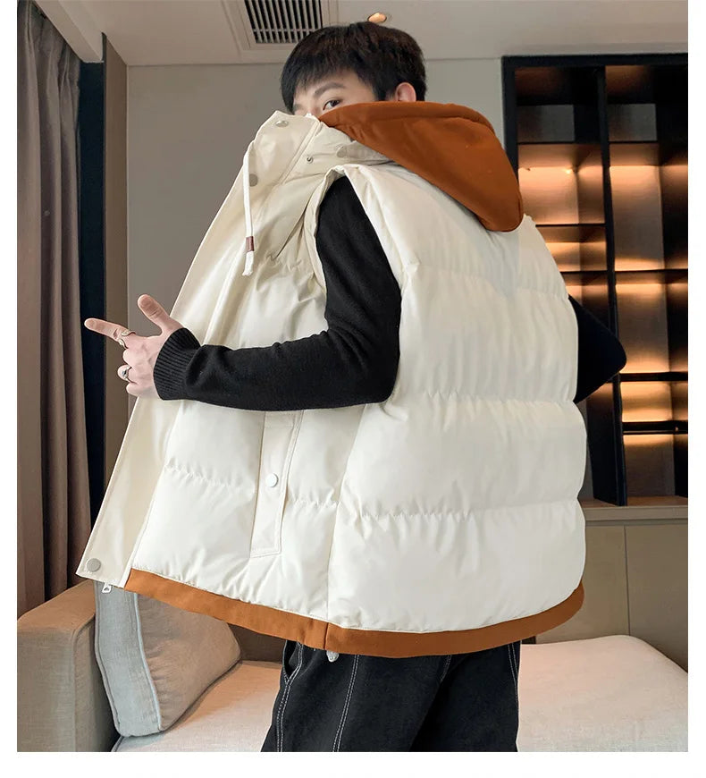 Chaleco cortavientos con capucha para hombre, chaqueta sin mangas, chaqueta de invierno, abrigo informal, chaleco grueso de algodón y plumón para hombre, abrigo grueso