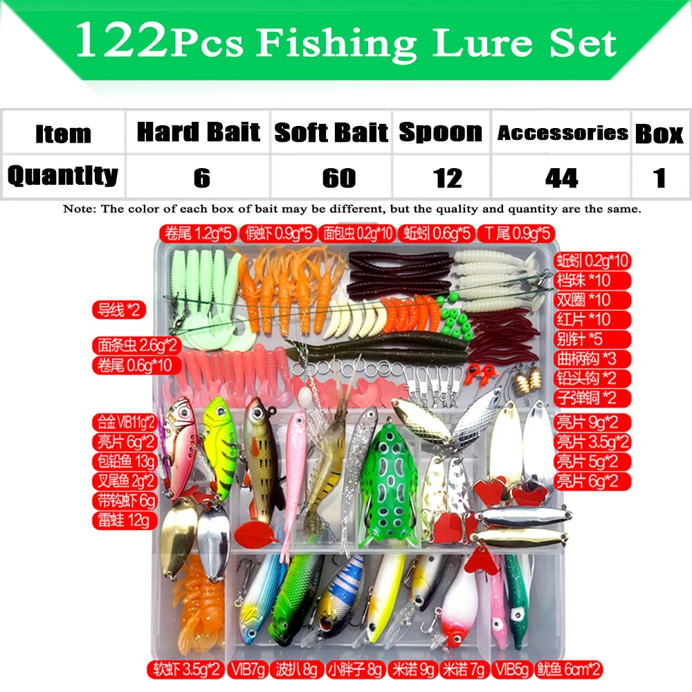 Kit de señuelos de pesca, juego de cebos blandos y duros, capa de engranajes Minnow, plantilla de metal, cuchara para bajo, lucio, accesorios de aparejos de manivela con caja