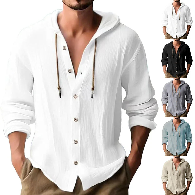 Camisas casuales de playa para hombre, de algodón y lino, con capucha, de manga larga, para hombre, holgada, de color liso, con botones, cárdigan, ropa de calle.