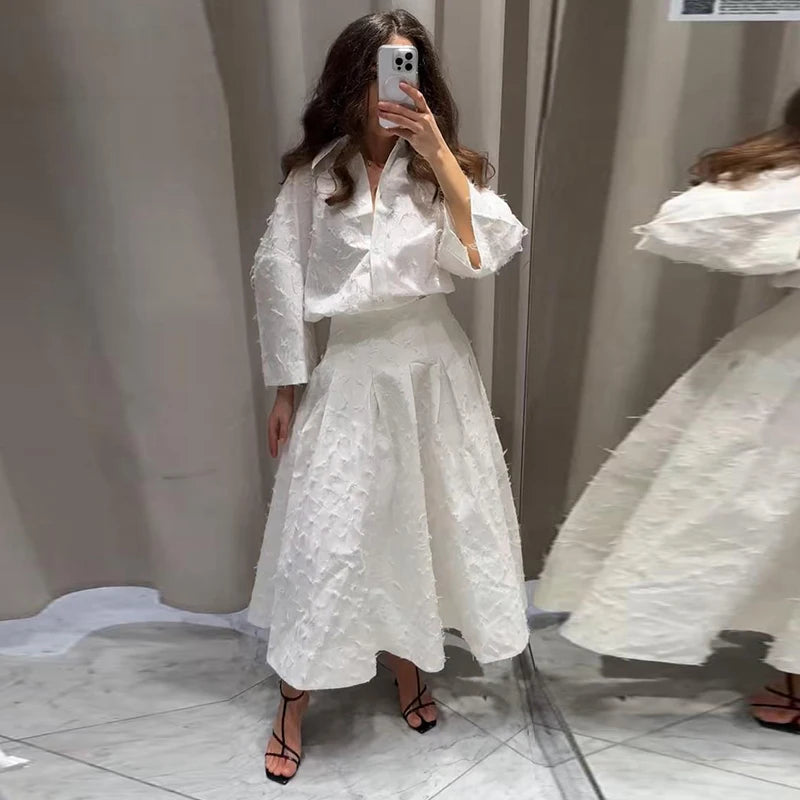 Conjunto de falda larga y camisa blanca con borlas para mujer, blusa suelta con botones, solapa y manga de puño, falda acampanada de cintura alta, conjunto de 2 piezas para verano de 2025