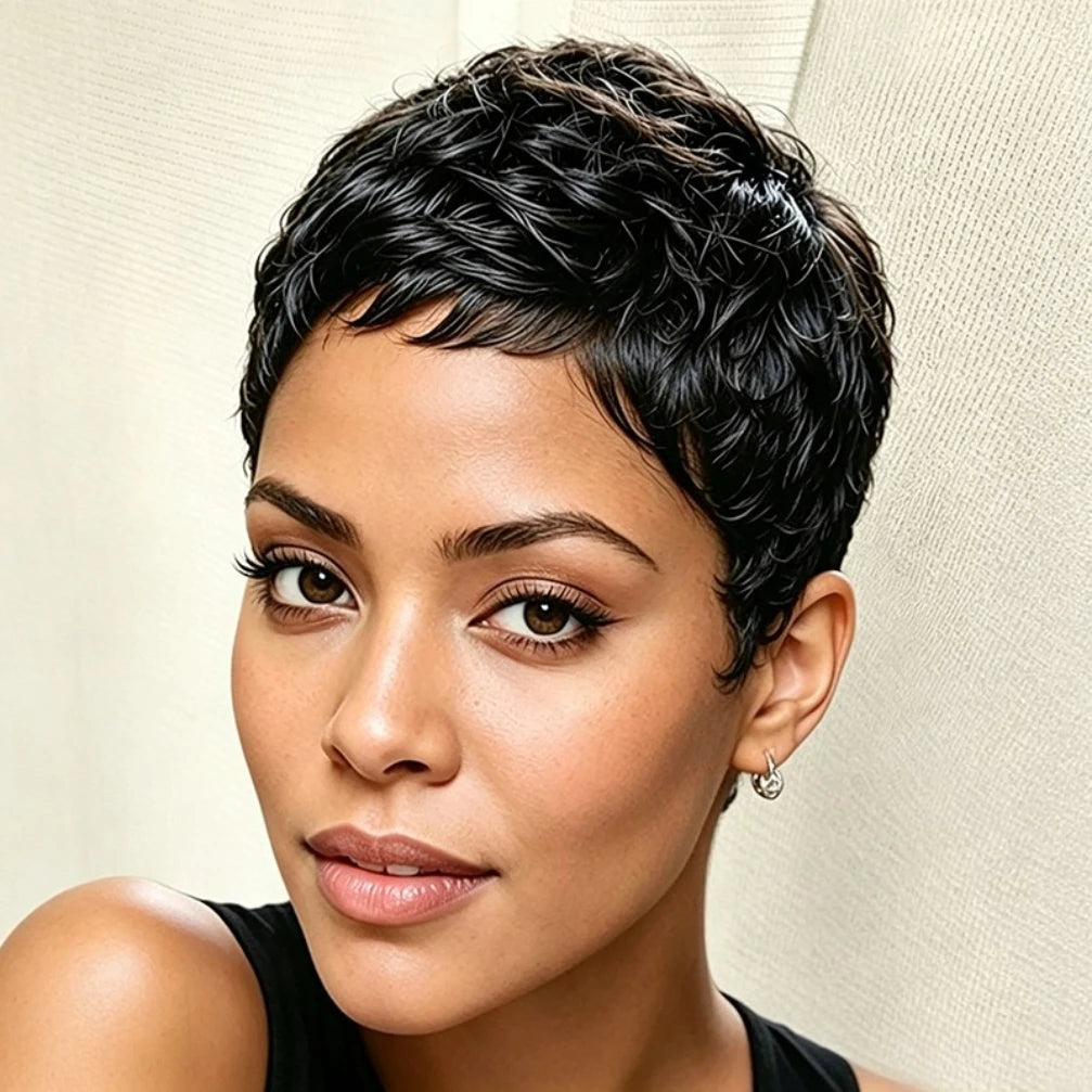 Peluca rizada ondulada 150% de densidad, corte pixie de 4 pulgadas, peluca de cabello humano rizado ondulado para mujer, peluca hecha a máquina para uso diario y fiesta