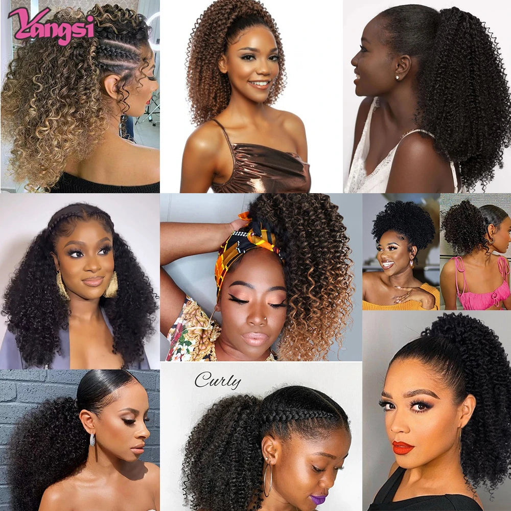 Afro Curly Ponytail for Black Women Drawstring Ponytail Kinky Synthetic hair Extension Ombre Bug Color Clip in For Party