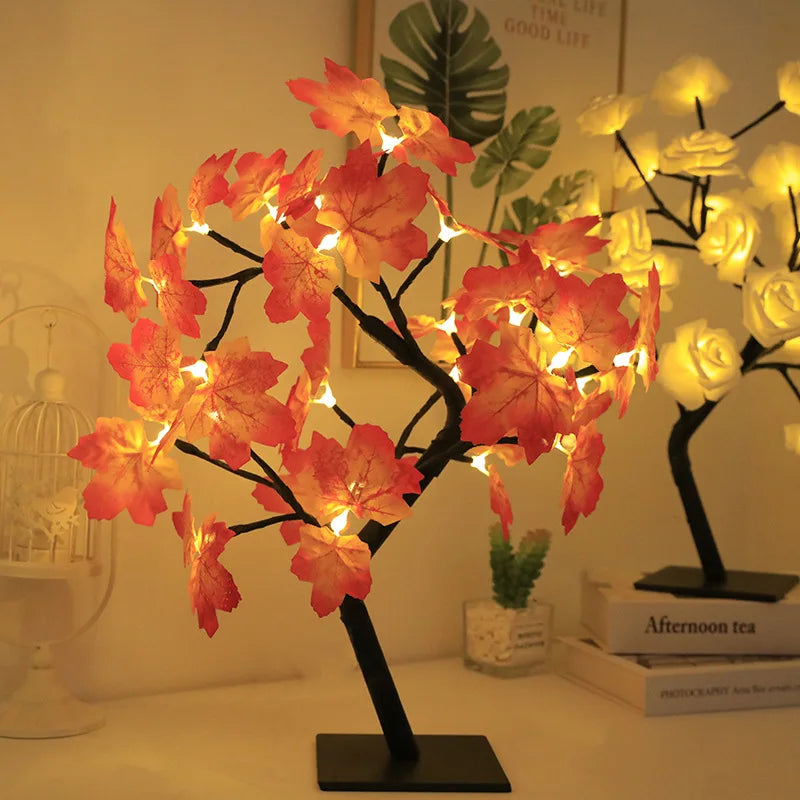 Guirlande lumineuse à 24 LED en forme de feuille d'érable, lampe de table en forme d'arbre à fleurs, veilleuse rose, cadeau pour mariage, fête, automne, Halloween, décoration