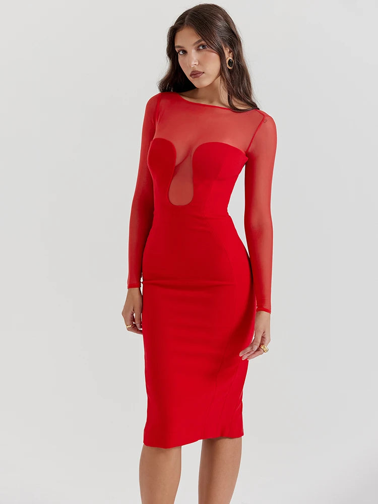 Articat Sexy Malla Patchwork Vestido Rojo de Navidad Mujer Manga Larga Ajustado Perspectiva Vestido de Noche Elegante Fiesta Club Vestidos
