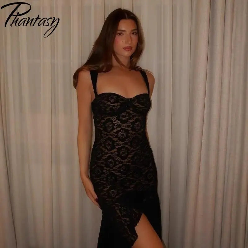Phantasy Women Fashion Black Dress Sexy Sleeveless Backless Lace Top Party Evening Dress Summer Women's Clothing 2025 Summer