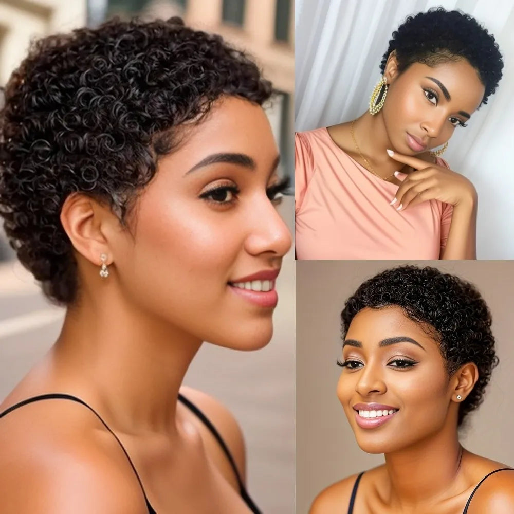 Short Kinky Curly Human Hair Full Machine Wig for Women