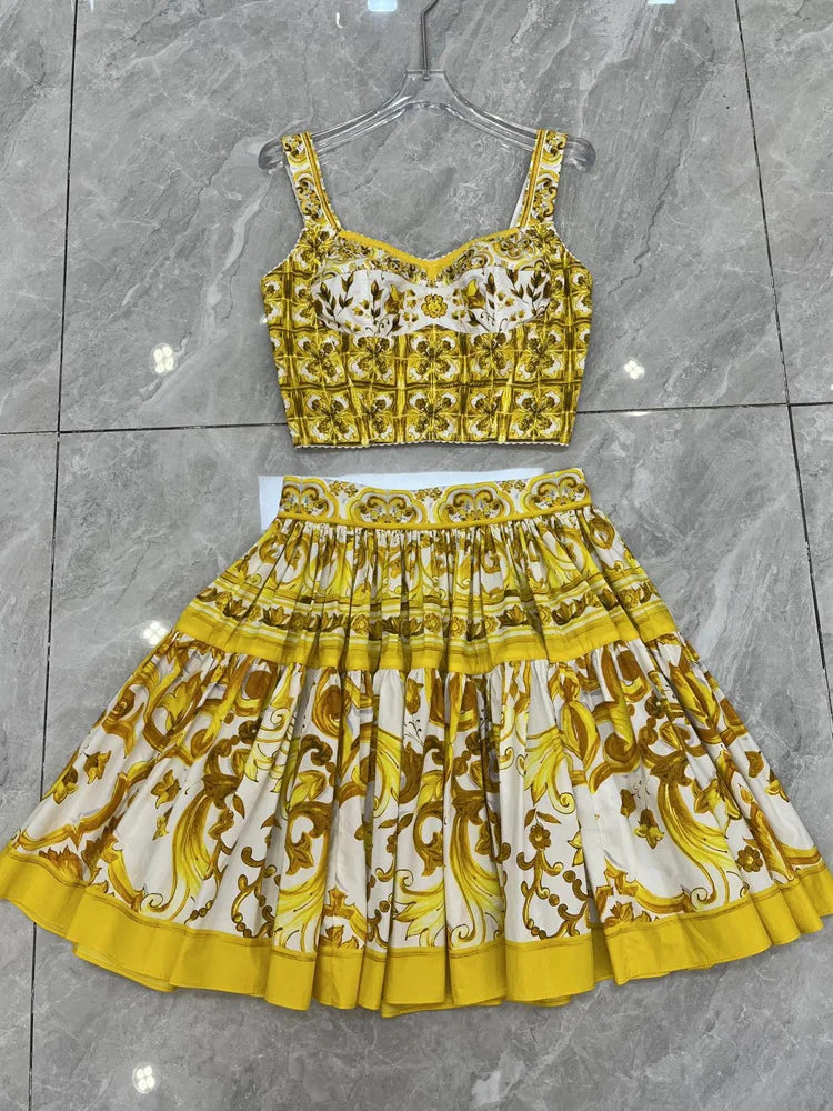 Designer Women's Cotton Corset Top & Mini Skirt Set | Yellow Porcelain Print | Summer Beach Vacation Outfit