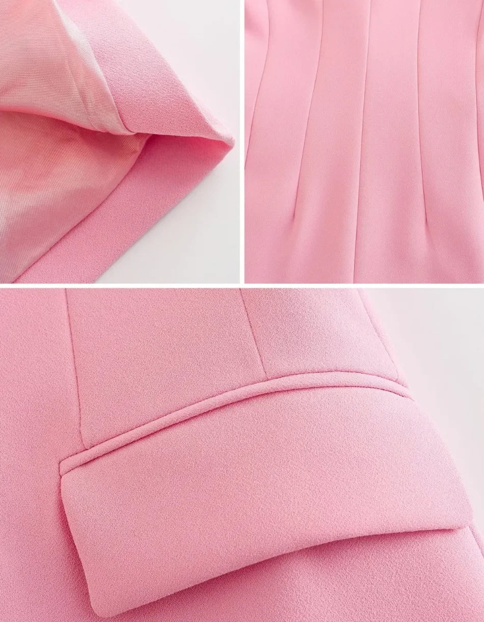 Dameblazer Ny Vår Elegant Uformell Kontordame Rosa Jakke Kåpe Mote Høy Liv Løse Vide Benbukser Buksedress