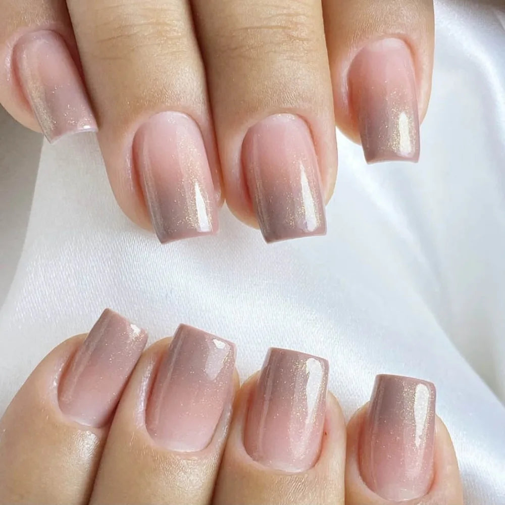Uñas postizas francesas de cabeza cuadrada, impermeables, manicura usable, color nude degradado, uñas a presión, cubierta completa, puntas de uñas brillantes para mujer