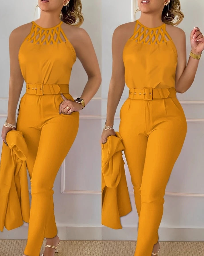 Women's Urban Style Suit 2025 Spring Summer Latest Sexy Solid Color Hollow Out Sleeveless Tank Top&high Waist Straight Pants Set