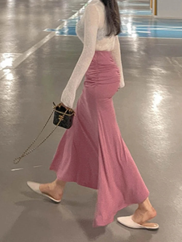 Faldas de satén fruncidas para mujer Falda de cintura alta para mujer Faldas elegantes línea A Falda midi rosa de verano Nuevo estilo coreano