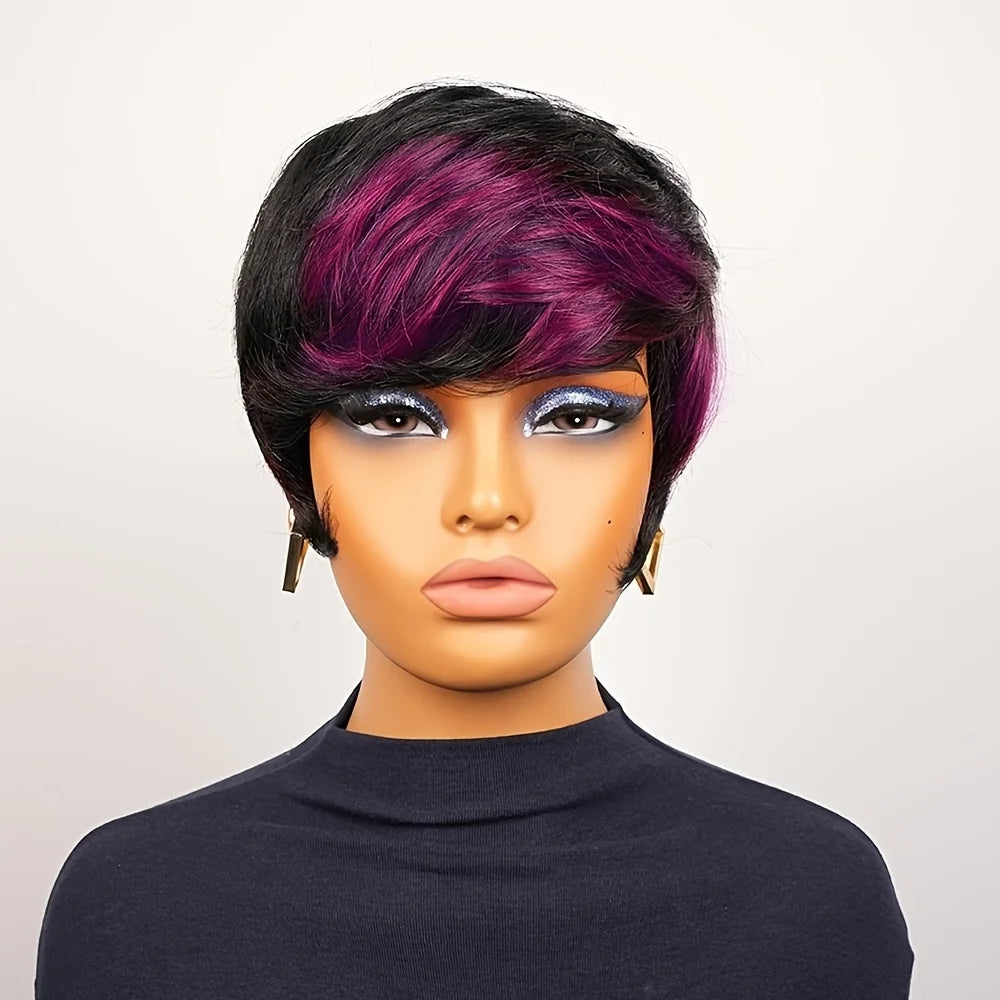 Perruques pour femmes 150 % de densité 6 pouces coupe pixie dégradée couleur 1B/VIOLET, cheveux humains bouclés courts, fabriquées à la machine pour usage quotidien/fête