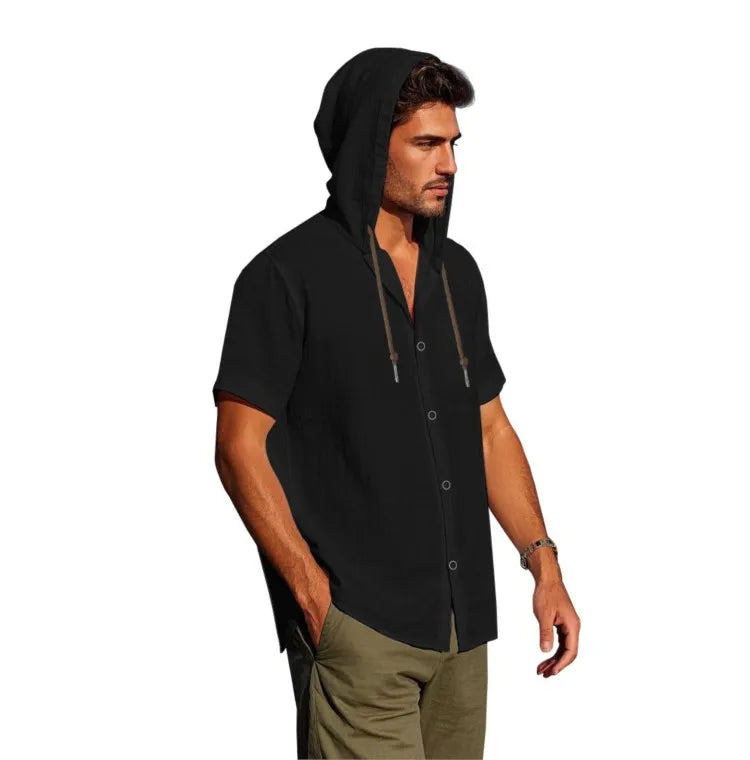 Men's Short Sleeve Shirt Cotton Linen Solid Color Shirts Men Hooded Casual Shirt Man Single Breasted Tops Men Breathable Shirt