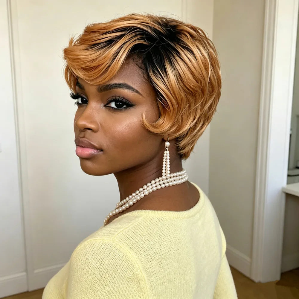 daily party use gift pixie cut wig150% density 4inch machine made pixie short curly 1B30 color human hair wig for women