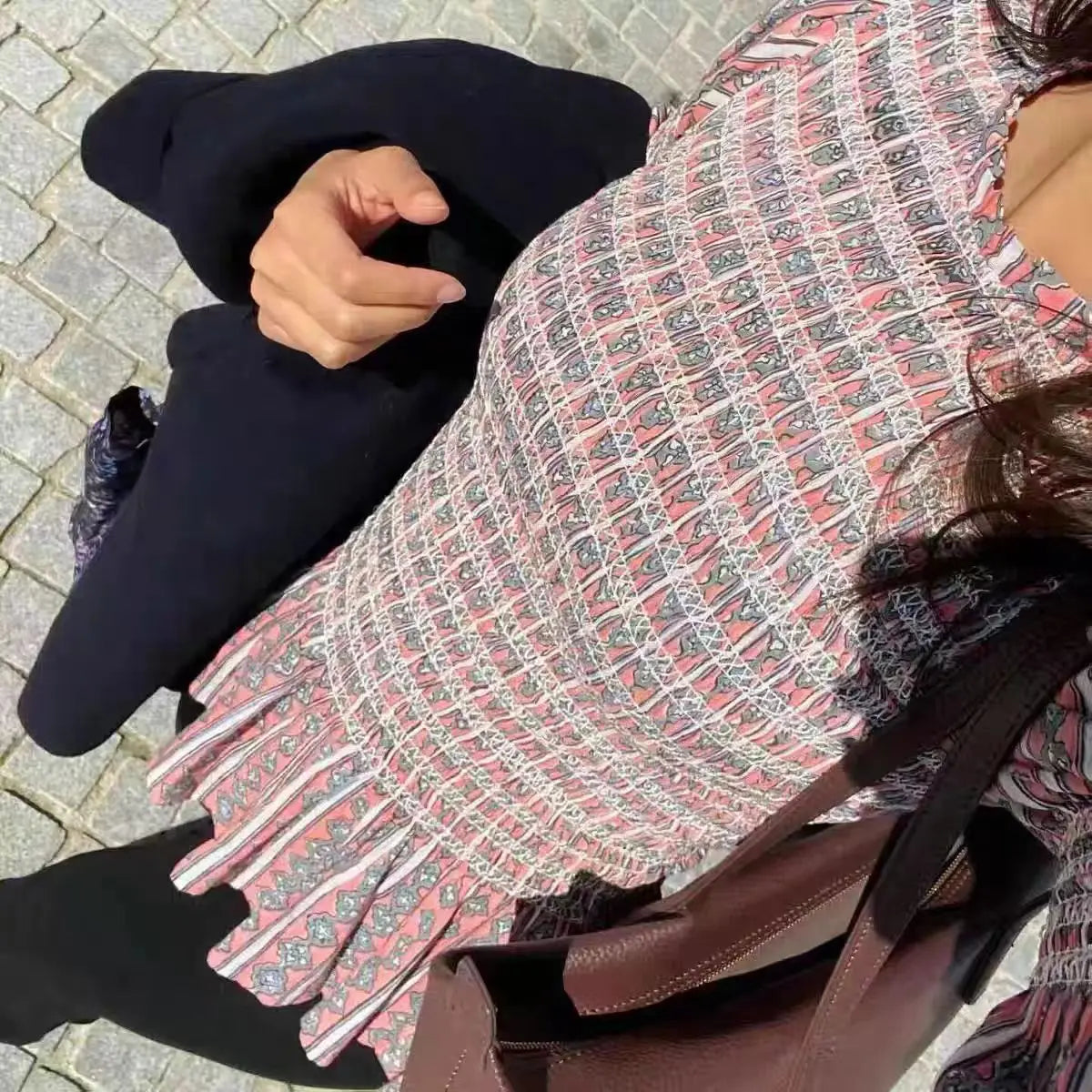 Tops para mujer Vintage a cuadros, elástico, plisado, camiseta informal con cuello redondo, manga larga, dobladillo con volantes, Top, primavera, elegante, para mujer, ropa de calle