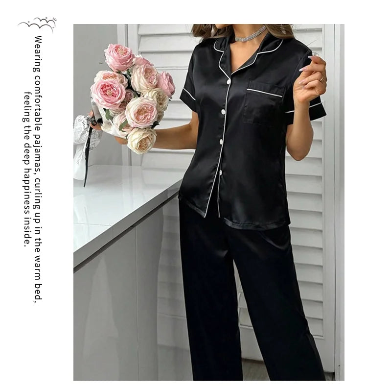 Conjuntos de pijama para mujer, otoño, manga corta, top con botones y pantalones, ropa de dormir de 2 piezas, conjunto de pijama con botones, ropa de casa, ropa de estar de satén
