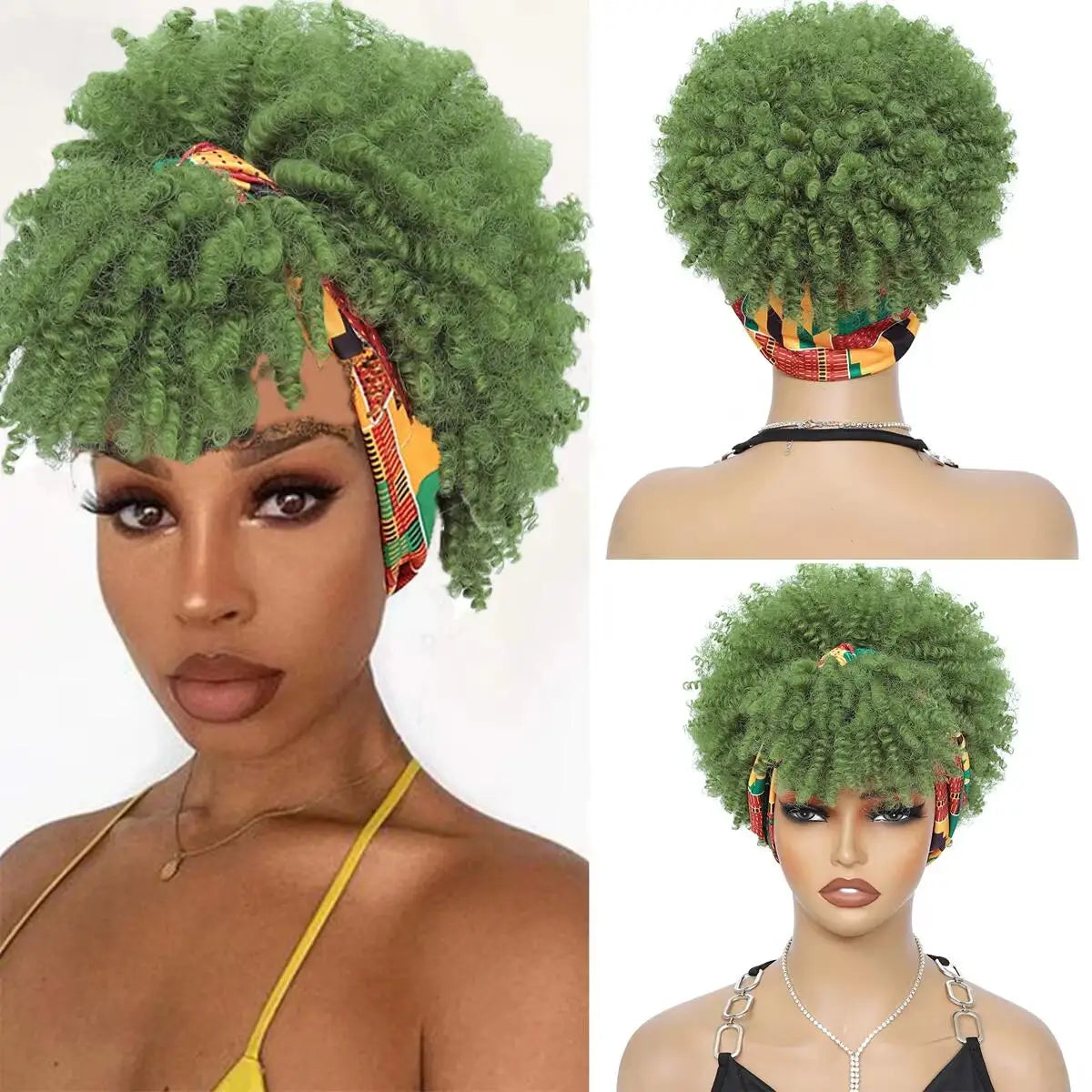 women's curly wig, made with African short ribbons and curly ribbons, black synthetic wig without curly bangs