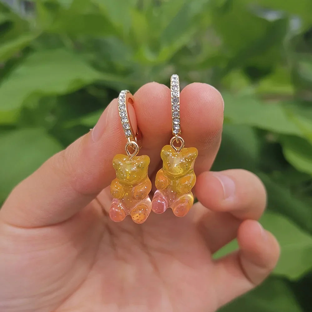Pendientes colgantes de oso de gominola de acrílico bonitos para mujer, pendientes de aro de oso arcoíris CZ, joyería dulce de niña, moda coreana 2022