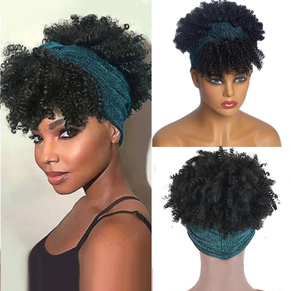 Afro Curly Headband Wigs Short Kinky Curly Wigs with Headbands Attached Scarf Wig For Women Synthetic Afro Puff Wigs with Bangs