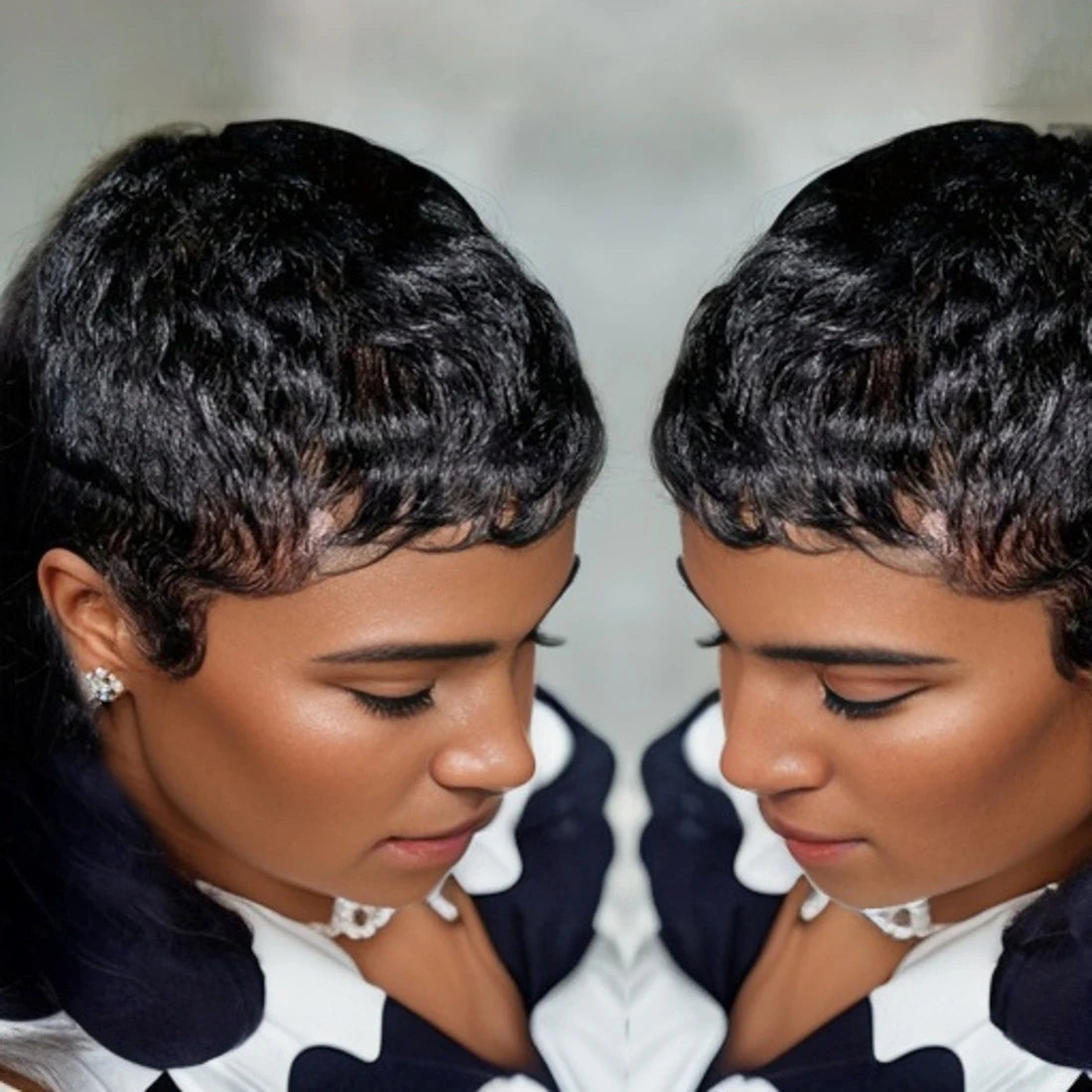 Pixie Cut Wigs Short Human Hair Wig for Women Natural Black Wave Wig Remy Hair Full Machine Made