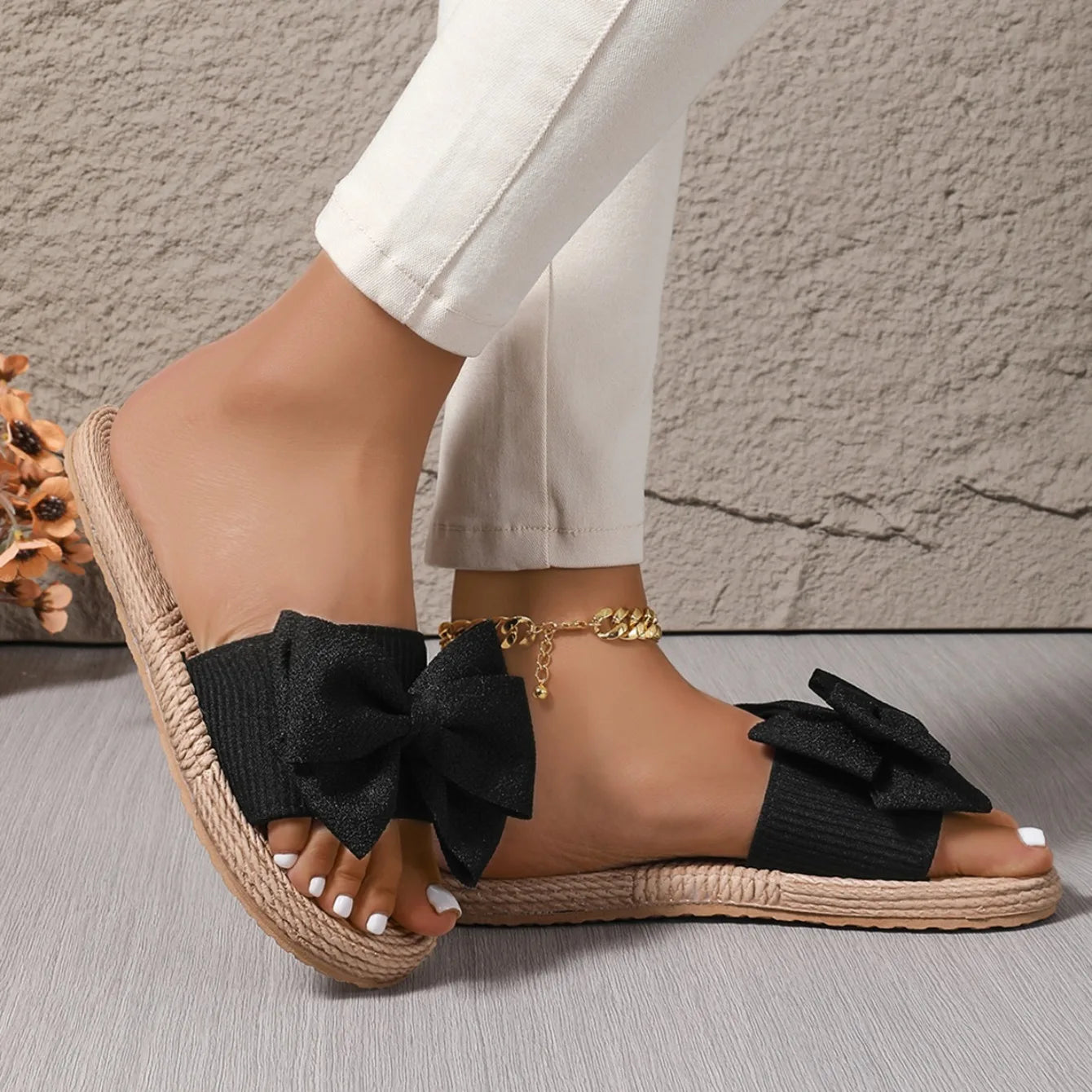 Zapatillas de mujer con lazo a la moda, sandalias antideslizantes, resistentes al desgaste, zapatos cómodos, suela blanda, tacón plano, pantuflas para mujer