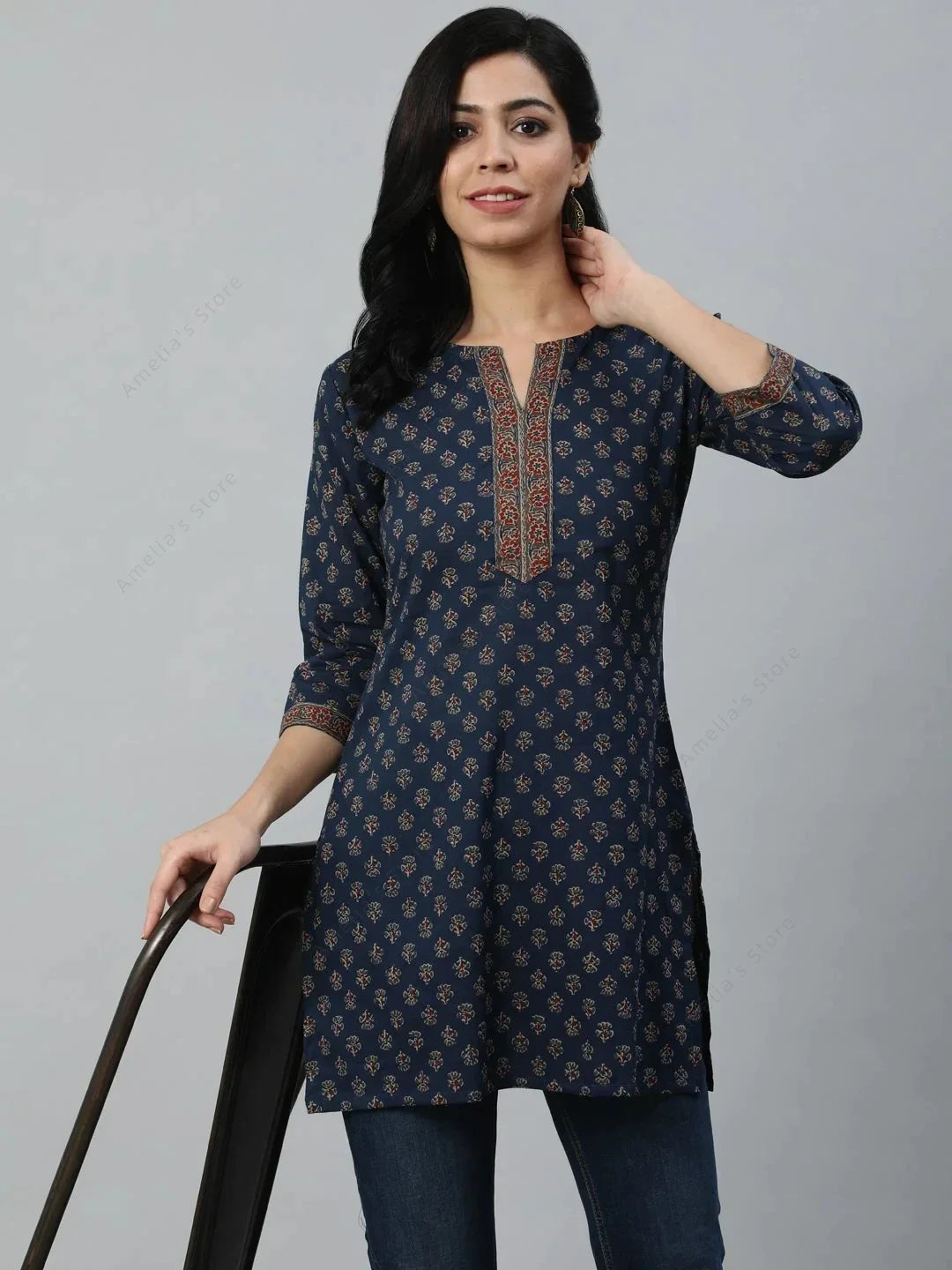 Indian Ethnic Women's Printed Kurta Top Lightweight Flannel Cotton with Three-Quarter Sleeves 4 Color Options India Dress
