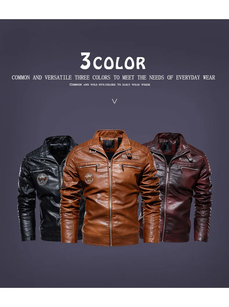 Chaqueta de Motociclista para Hombre, Chaquetas de Cuero PU para Motociclista con Forro Polar, Cortavientos de Moto para Hombre, Cuello Levantado, Chaquetas Casuales