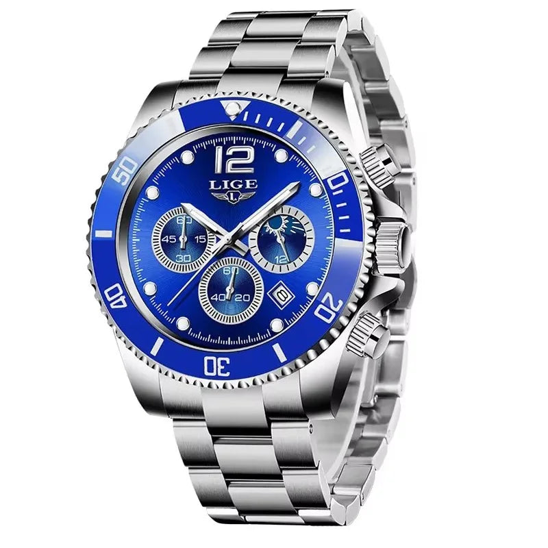 Reloj de hombre LIGE de marca superior, reloj de lujo para hombre, deportivo, resistente al agua, cronógrafo de acero inoxidable, reloj de pulsera de cuarzo, Relogio Masculino+Caja
