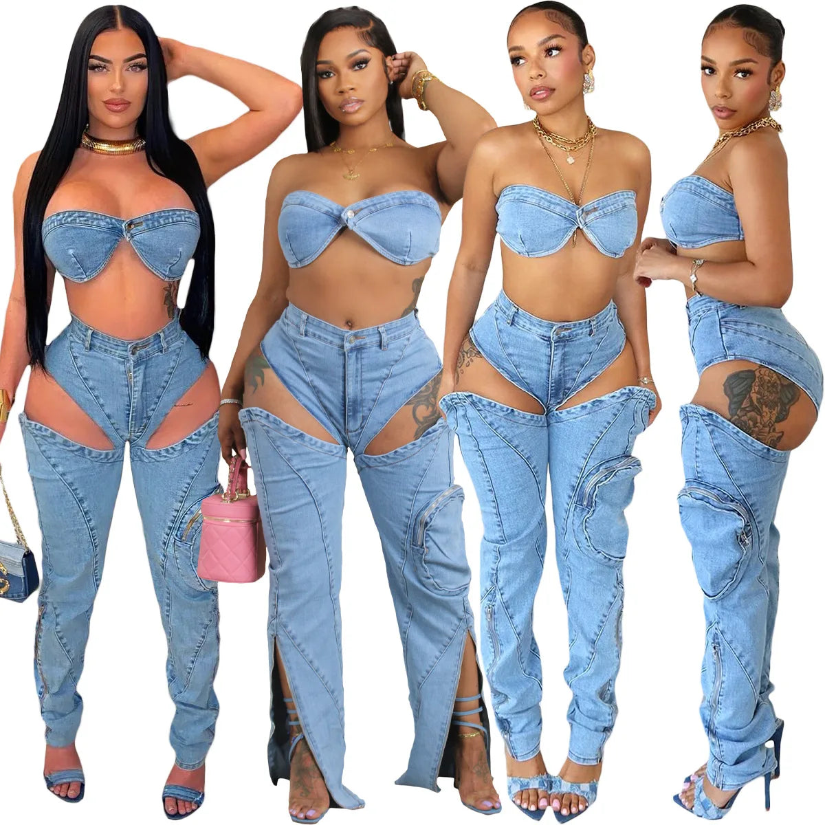 Conjuntos de pantalones de mezclilla para mujer Ropa de calle sexy Conjunto de dos piezas Top sin mangas con envoltura en el pecho sin espalda Jeans calados
