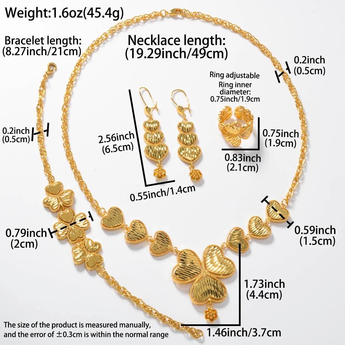 Juegos de joyas de Dubái: collar, pulsera, anillo, pendientes. Elegante diseño árabe chapado en oro para mujer. Regalo de lujo, joyería de boda.