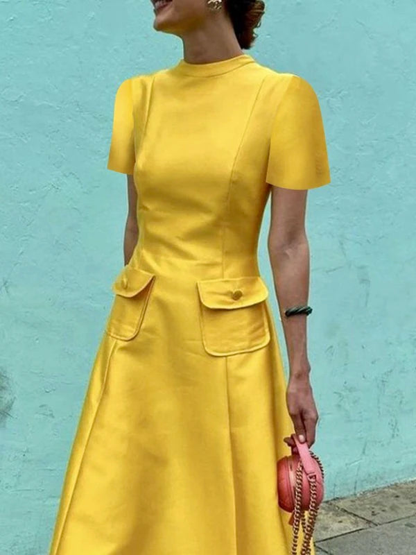 Vestidos Maxi de Fiesta Elegantes de Noche para Mujer, Verano, Manga Corta, Bolsillos, Color Sólido, Cuello Redondo, Corte A