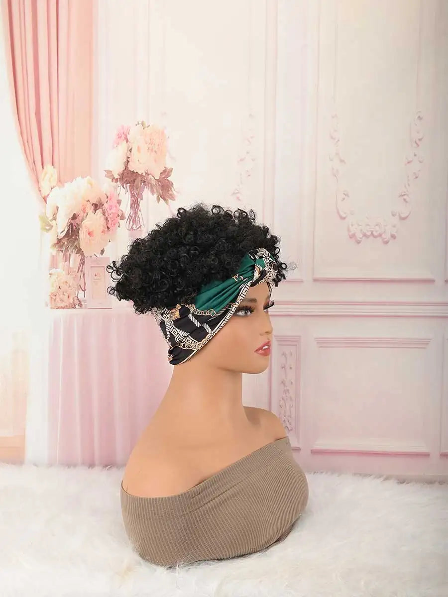 Headband Wig Curly Headband Wig With Bangs For Women Synthetic Afro Curly Hair Wig With Headband Attached Short Kinky Curly Afro High Puff With Bangs Stripes Short Red Curly Wigs with Bangs for Women, Natural Wavy Synthetic H