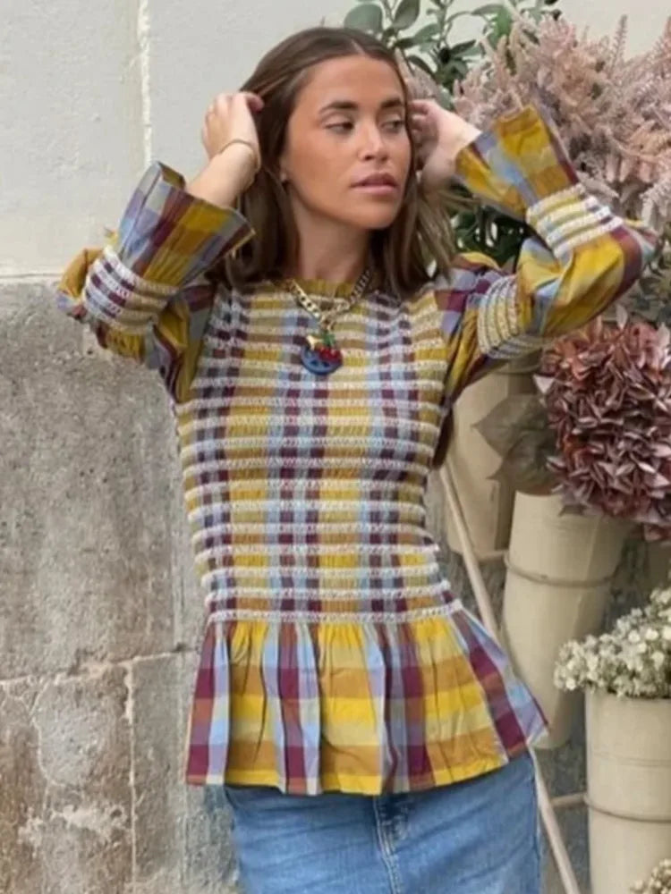 Tops para mujer Vintage a cuadros, elástico, plisado, camiseta informal con cuello redondo, manga larga, dobladillo con volantes, Top, primavera, elegante, para mujer, ropa de calle