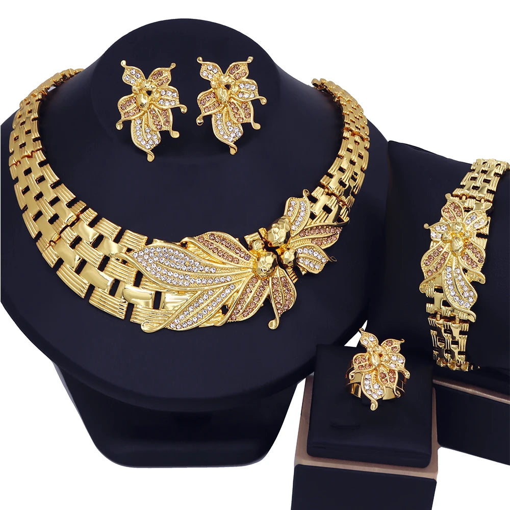 YTJX Juego de joyas de boda Africano Collar gargantilla de flor grande Pulsera de circonia fina Pendientes de perforación Anillo Joyería chapada en oro de 18 quilates