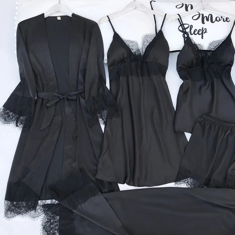Pijama de cinco piezas para mujer, ropa de dormir para primavera y verano, camisón, bata de baño sexy de encaje, bata de satén de seda suelta para el hogar, ropa de estar en casa