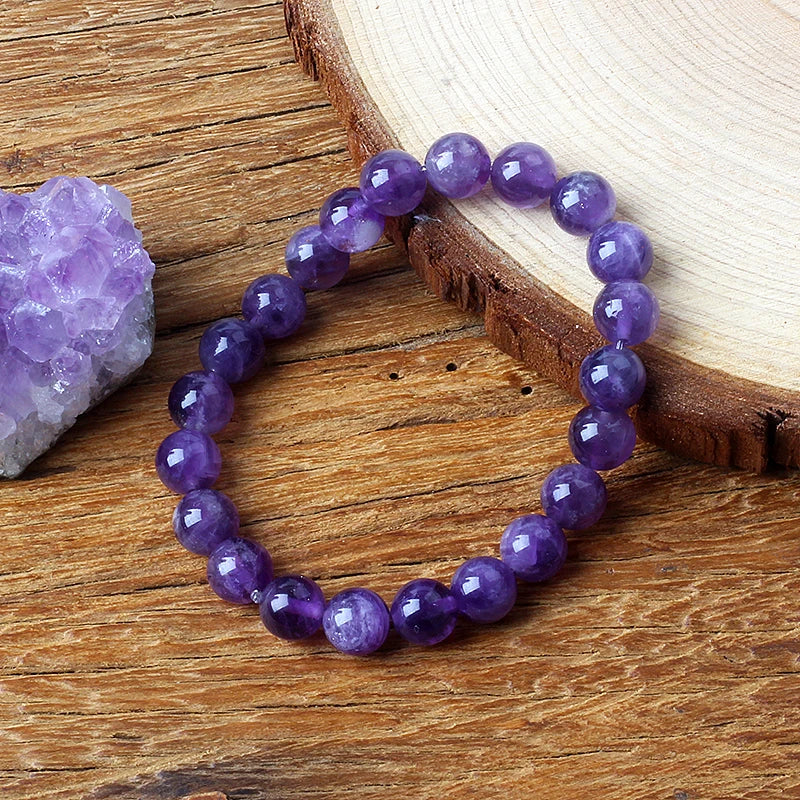 Pulsera de amatista genuina con cristales naturales para mujer, pulsera de amatista hecha de cuentas de piedra natural real, purificante para el cuerpo.