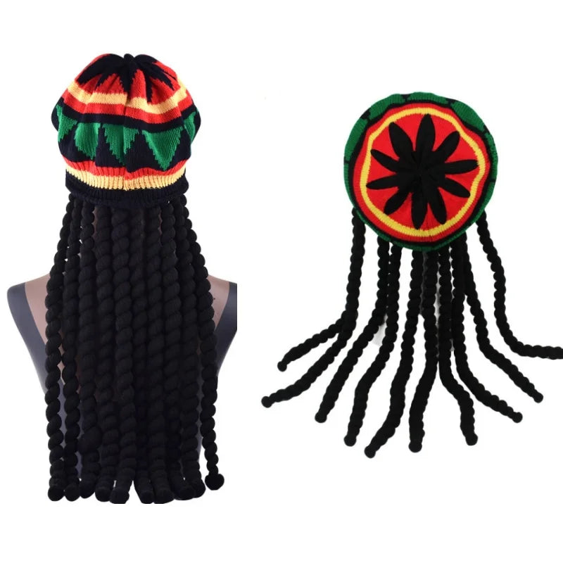 Unisex syntetisk parykk strikket flettehatt jamaikansk bob rasta lue dreadlocks-parykk Bob Marley karibisk hiphop cosplay hodeplagg