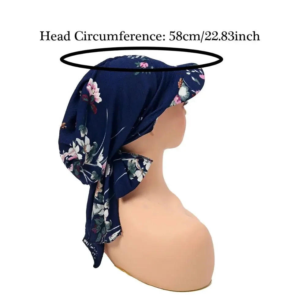 Fashion Print Women Hijab Caps Wrap Hair with Brim Turban Bonnet Breathable Comfortable Ladies Headscarf Hat Hide Hair