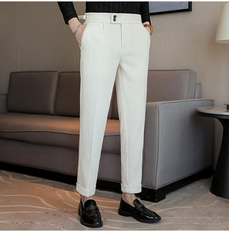 Nuevo pantalón informal de cintura alta de felpilla napolitana de lujo ligero para hombres, pantalón de vestir para hombres de ajuste delgado con sensación premium, pantalón