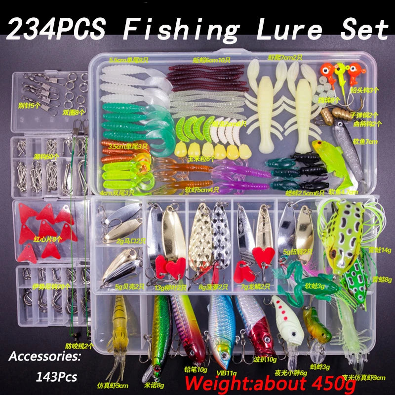 Kit de señuelos de pesca, juego de cebos blandos y duros, capa de engranajes Minnow, plantilla de metal, cuchara para bajo, lucio, accesorios de aparejos de manivela con caja