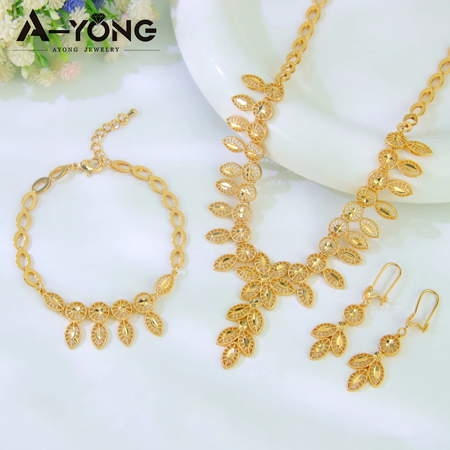 Juego de joyas de boda de lujo de Dubái, chapado en oro de 21k, collar, pulsera y pendientes de oro nupcial árabe, joyería vintage para mujer brasileña