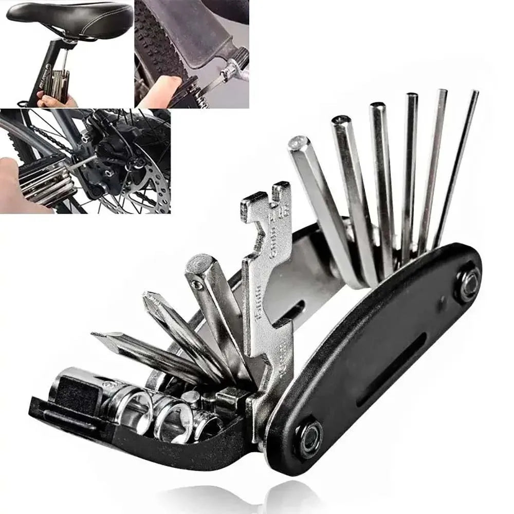 Kit de herramientas portátiles de reparación de bicicletas 16 en 1 Llave hexagonal Tuerca Destornillador para neumáticos Herramientas de reparación de motocicletas y bicicletas
