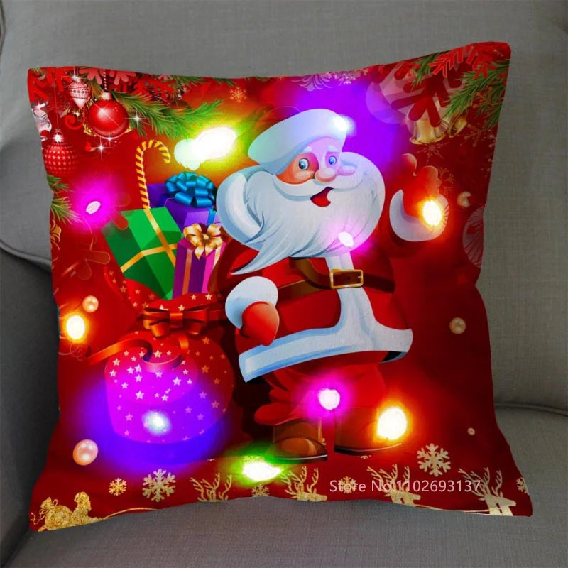Funda de cojín navideña LED – Diseño de Papá Noel y brillo festivo